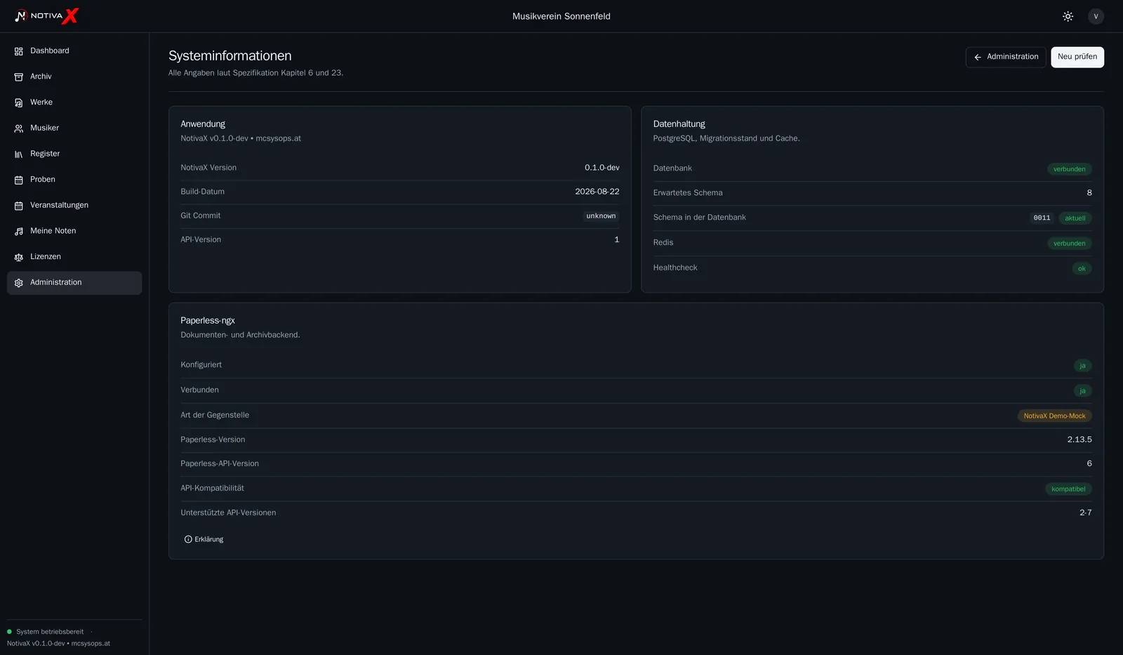 Systeminformationen mit Fassung, Datenbankstand und Diensten.